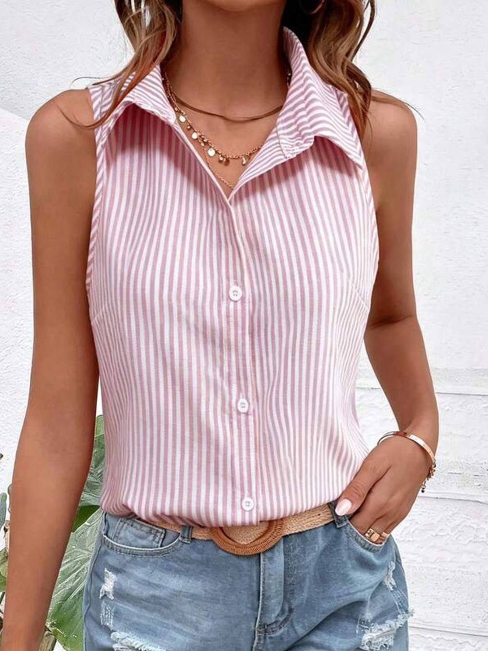 Sleeveless Pink Stripe Button-Front Shirt